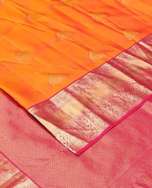 Orange zari buttas Vasundhara silk mix saree, contrast border of diamond and kodi floral paisley designs, and jaal pallu