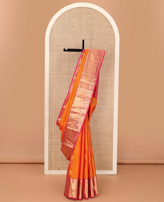 Orange zari buttas Vasundhara silk mix saree, contrast border of diamond and kodi floral paisley designs, and jaal pallu