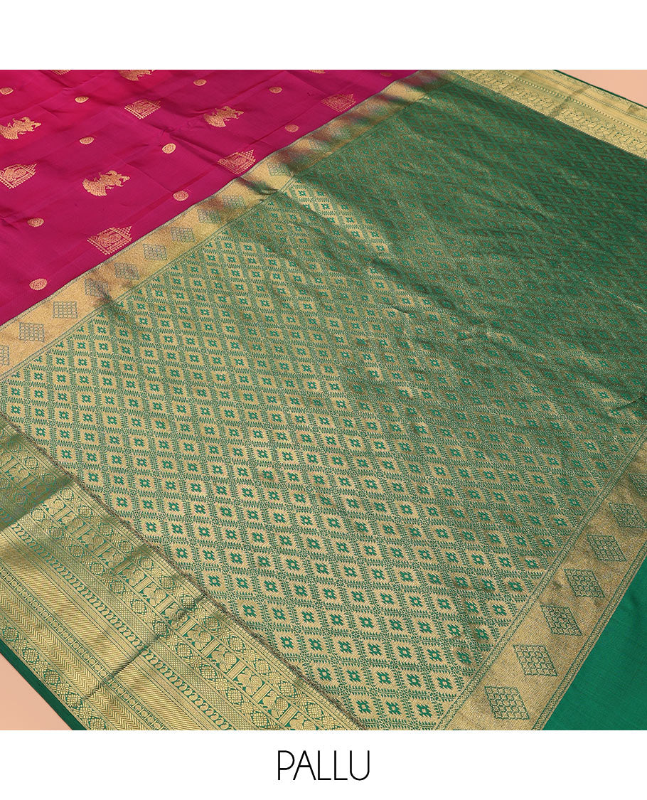 Magenta Vasundhara Lite Silk Mix Saree Enthralled with Mayil, Iruthalai Pakshi, and Chakram Designs, Highlighted with a Contrast Border of Mayil, Kamalam, Mayil Kann, Manga, Rudraksham, and Vanki Designs, Zari Elevated Jaal Pallu, and a Contrast Blouse