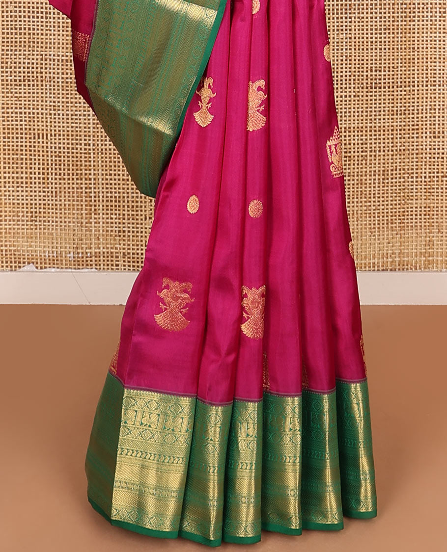 Magenta Vasundhara Lite Silk Mix Saree Enthralled with Mayil, Iruthalai Pakshi, and Chakram Designs, Highlighted with a Contrast Border of Mayil, Kamalam, Mayil Kann, Manga, Rudraksham, and Vanki Designs, Zari Elevated Jaal Pallu, and a Contrast Blouse