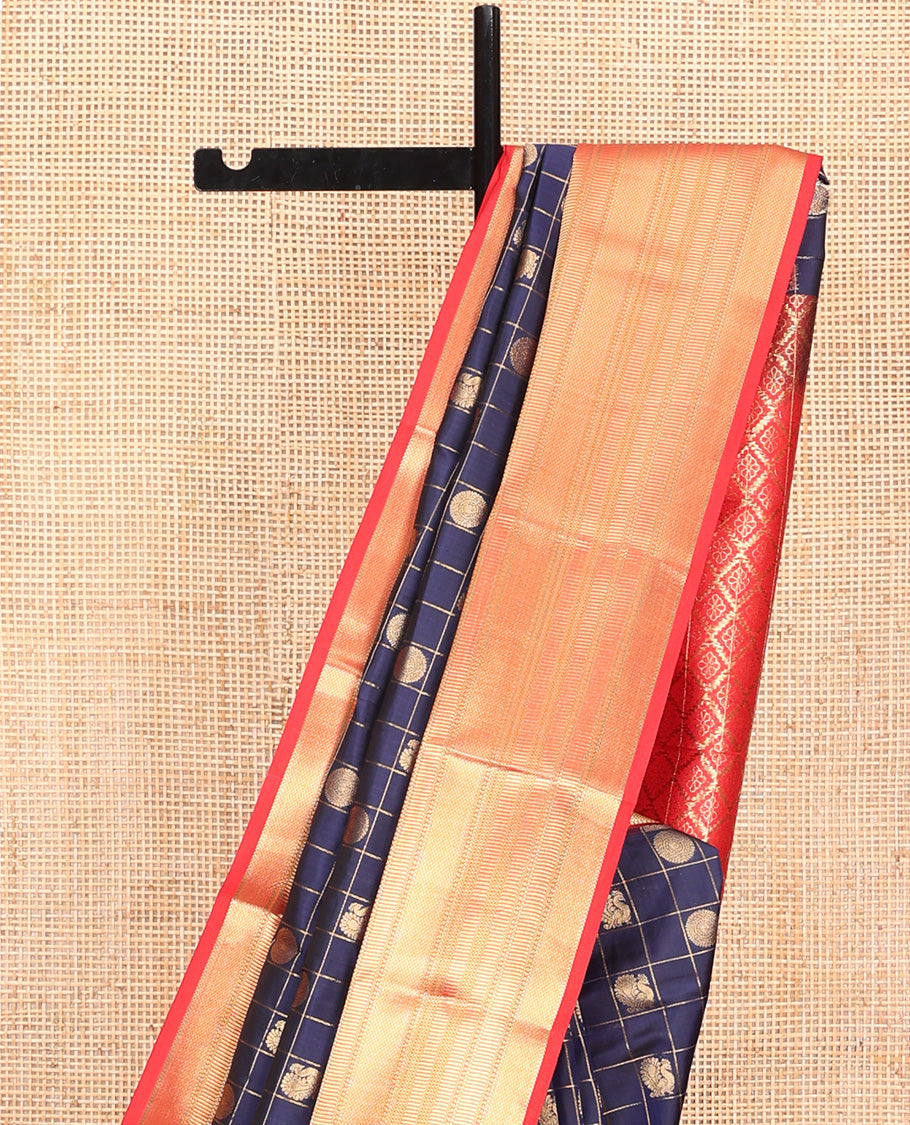 Blue Vasundhara Lite Silk Mix Saree, Grandly Decked Up With Mayil and Chakram Butta Enclosed Checks, Complemented by Contrast Zari Border, Grand Jaal Pallu and Paired with a Contrast Blouse