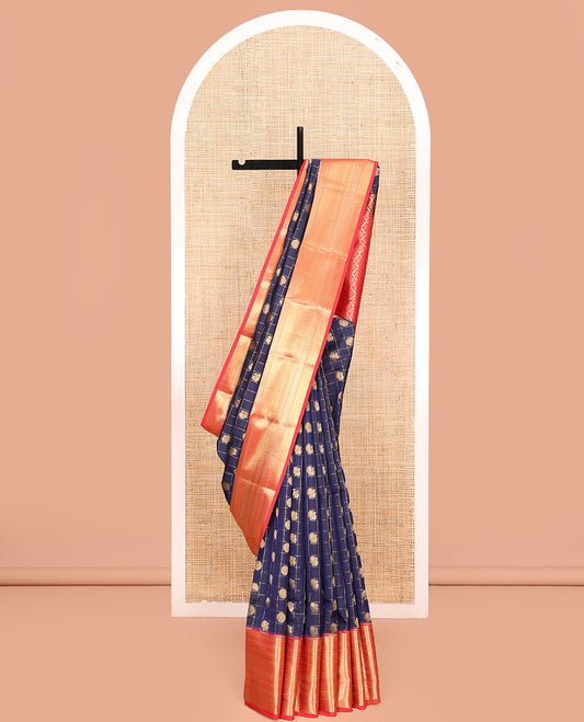 Blue Vasundhara Lite Silk Mix Saree, Grandly Decked Up With Mayil and Chakram Butta Enclosed Checks, Complemented by Contrast Zari Border, Grand Jaal Pallu and Paired with a Contrast Blouse