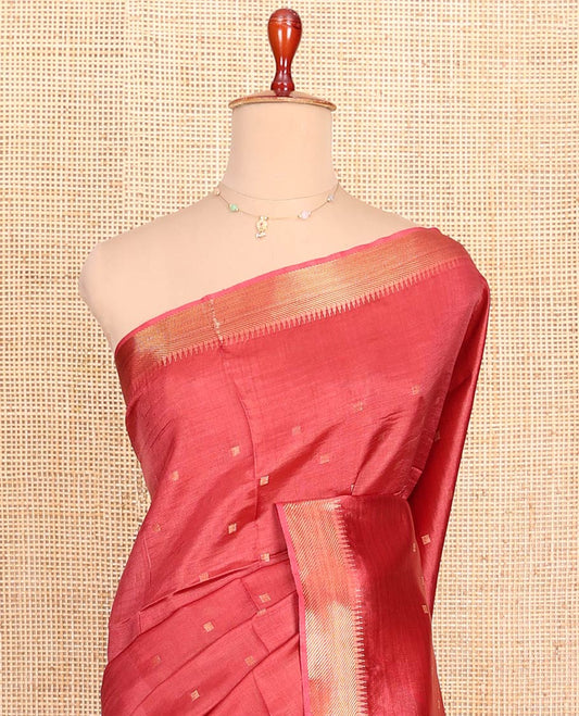 Red Banana Pith Saree Embellished with Zari Buttas, Temple Border of Zari Designs, Subtle Pallu of Zari Designs, and Paired with a Matching Blouse