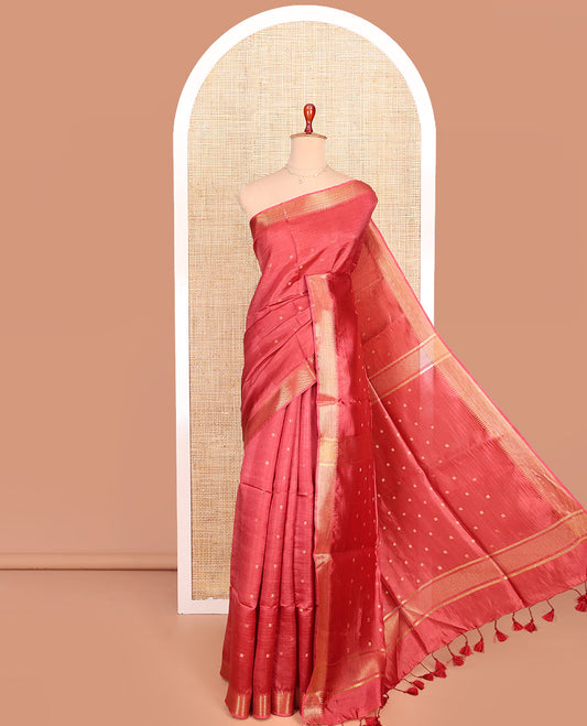 Red Banana Pith Saree Embellished with Zari Buttas, Temple Border of Zari Designs, Subtle Pallu of Zari Designs, and Paired with a Matching Blouse