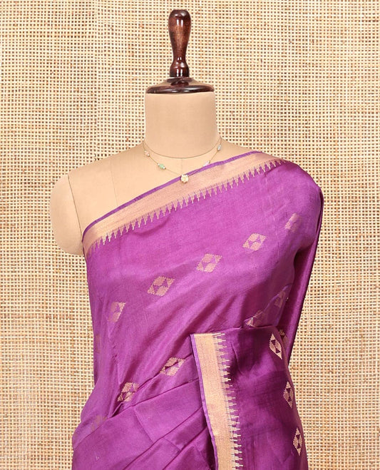Purple Banana Pith Saree, Adorned with Zari Buttas All Over Its Body, Highlighted by Temple Zari Border, Subtly Striped Pallu, and Paired with a Matching Blouse