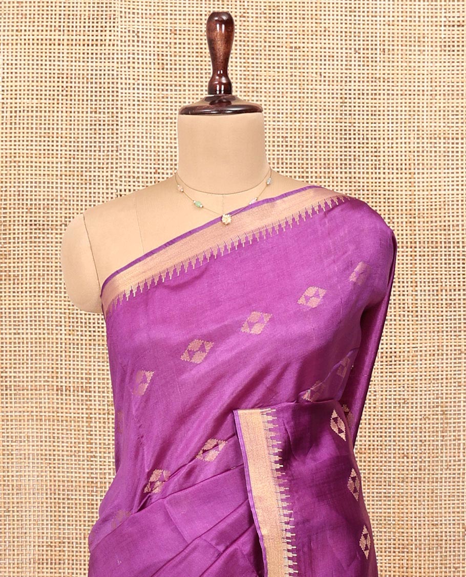 Purple Banana Pith Saree, Adorned with Zari Buttas All Over Its Body, Highlighted by Temple Zari Border, Subtly Striped Pallu, and Paired with a Matching Blouse