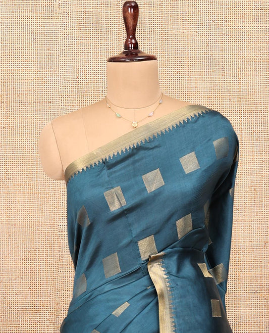 Blue Banana Pith Saree, Woven with Square Buttas All Over Its Body, Highlighted by a Zari Temple Border, Gleaming Zari Striped Pallu, and Paired with a Matching Blouse