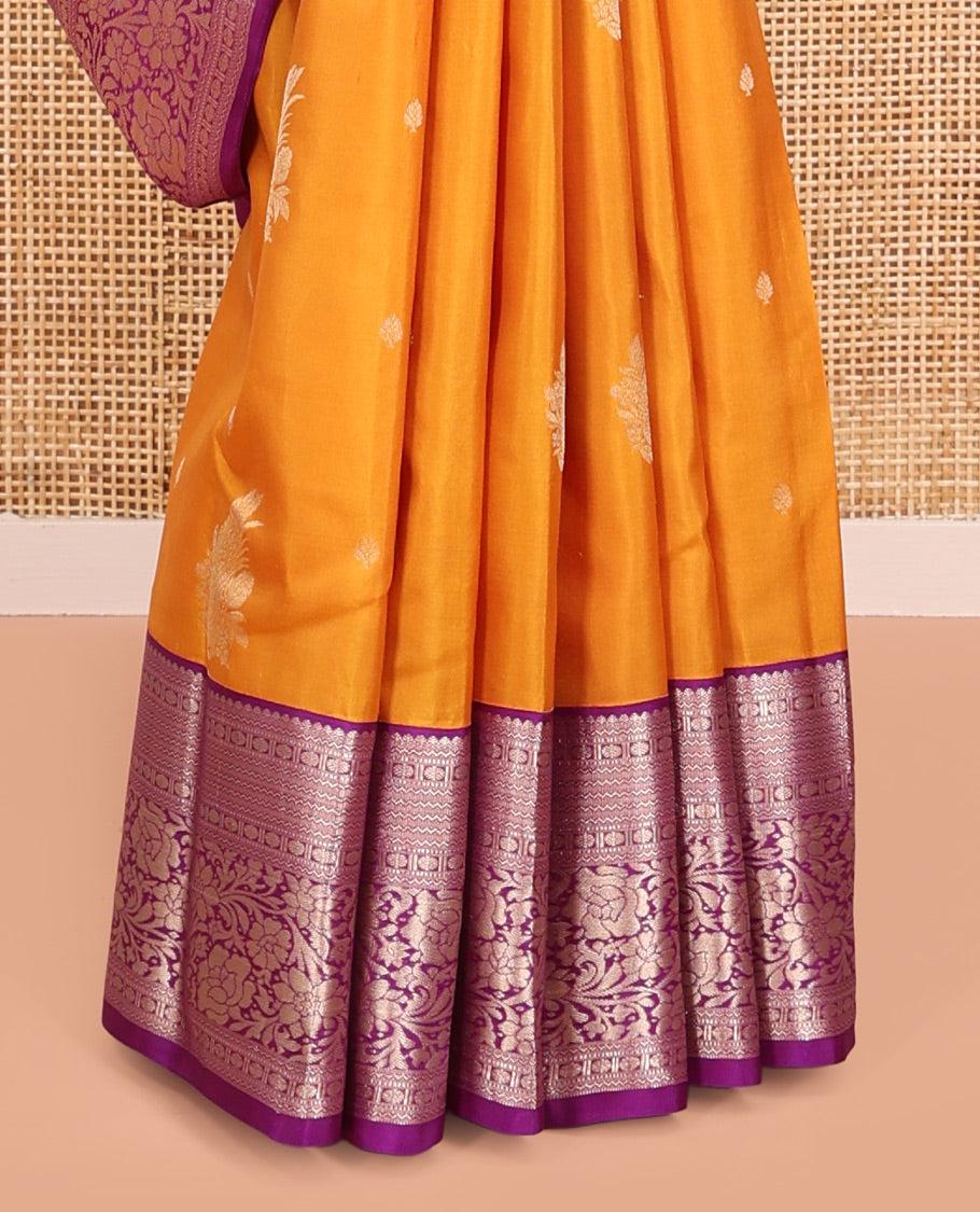 Yellow Vasundhara Silk Saree, Subtly Enriched with Zari Buttas All Over Its Body, Complemented by Contrast Border of Neli, Muthu, Poun, and Kodi Visiry Designs, Grand Pallu, and Paired with a Contrast Blouse