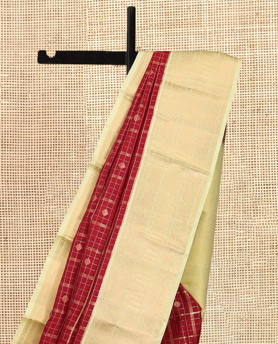 Red Vasundhara Silk Saree, Woven with Zari Buttas and Checks, a Contrast Border of Mayil, and Meen Designs, a Grand Pallu, and a Contrast Blouse