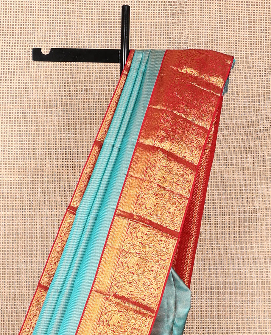 Blue striped wedding silksaree, contrast border of thilakam,banaras,muthu,mayil kann,mayil,kili & yaanai & leaf vine pallu