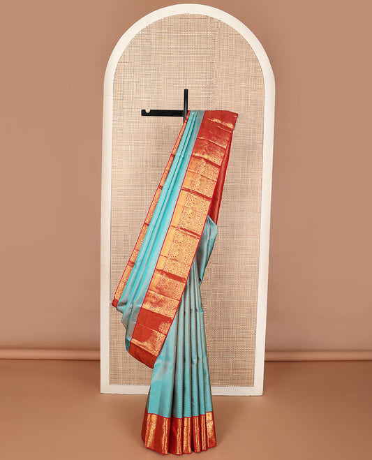 Blue striped wedding silksaree, contrast border of thilakam,banaras,muthu,mayil kann,mayil,kili & yaanai & leaf vine pallu