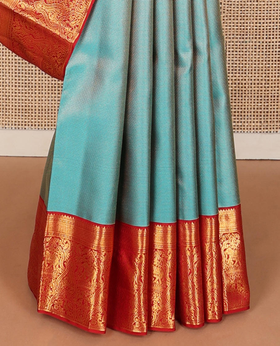 Blue striped wedding silksaree, contrast border of thilakam,banaras,muthu,mayil kann,mayil,kili & yaanai & leaf vine pallu