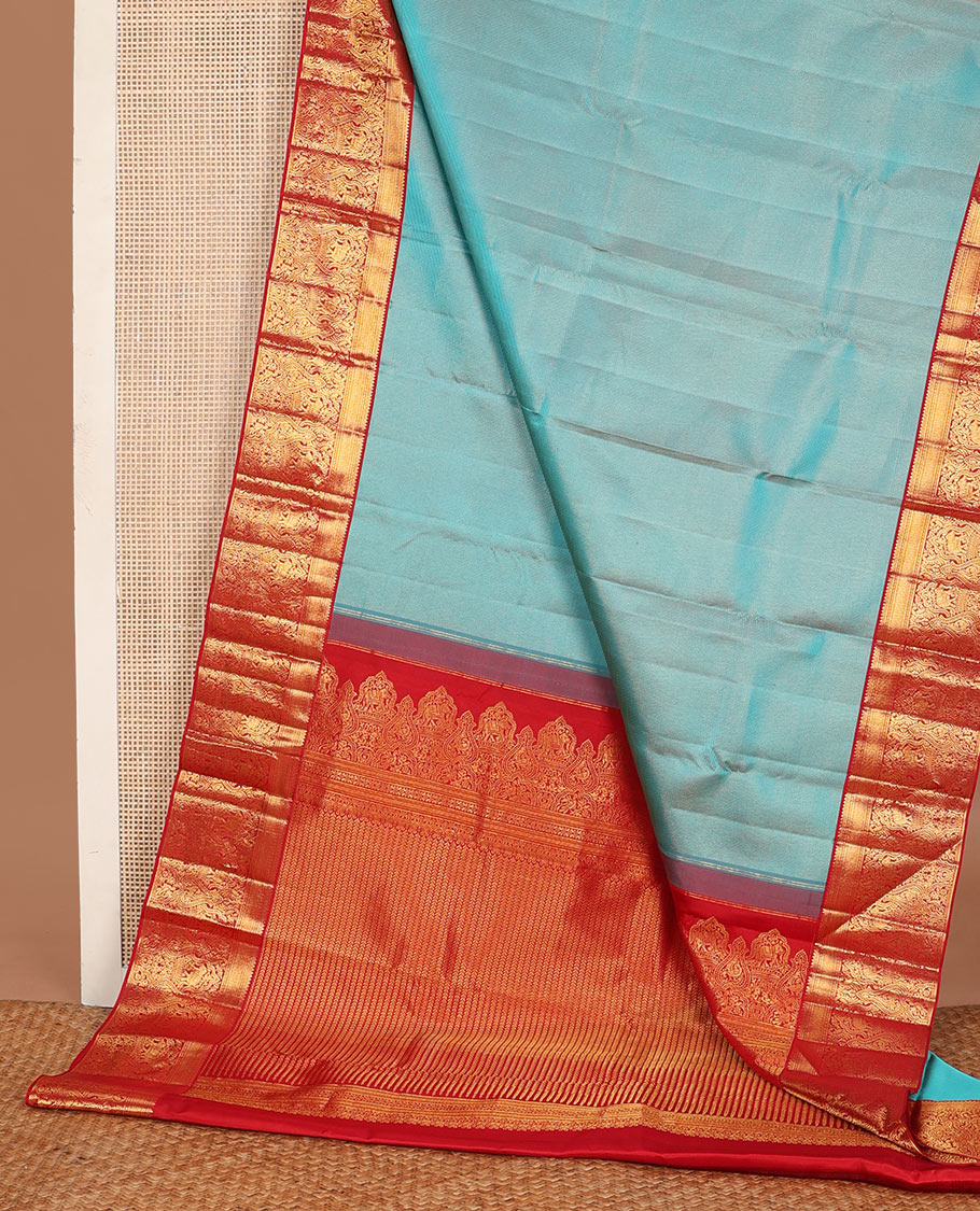 Blue striped wedding silksaree, contrast border of thilakam,banaras,muthu,mayil kann,mayil,kili & yaanai & leaf vine pallu