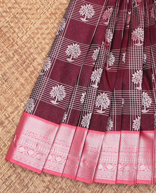 Maroon Budget Silk Saree, Enriched with Zari Butta Enclosed Checks All Over Its Body, Complemented by a Contrast Traditional Zari Design Border, Intricately Designed Pallu, and Paired with a Contrast Blouse