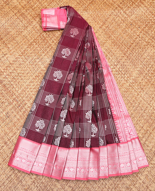 Maroon Budget Silk Saree, Enriched with Zari Butta Enclosed Checks All Over Its Body, Complemented by a Contrast Traditional Zari Design Border, Intricately Designed Pallu, and Paired with a Contrast Blouse