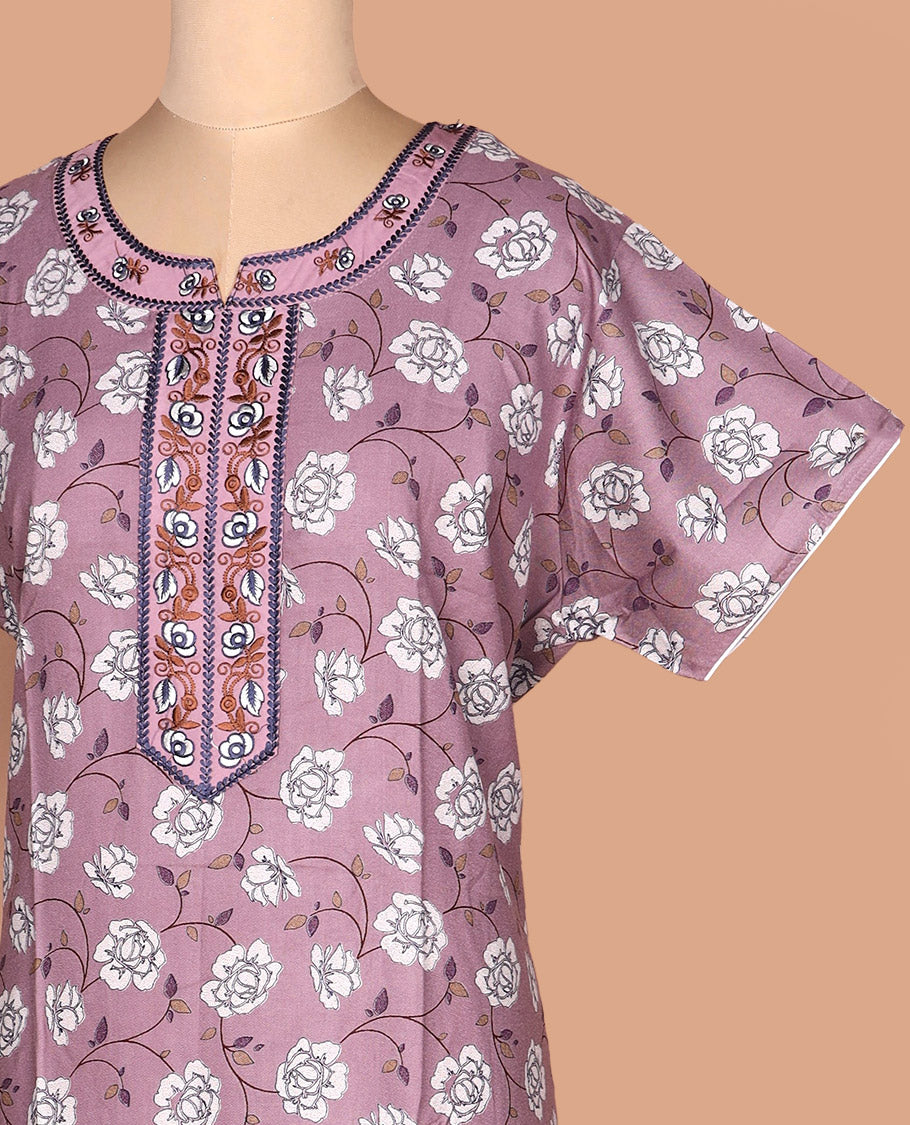 Pink floral vine printed with round neck floral embroidered half-sleeve cotton nighty