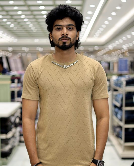 Beige Chevron Cotton-Blended T-Shirt