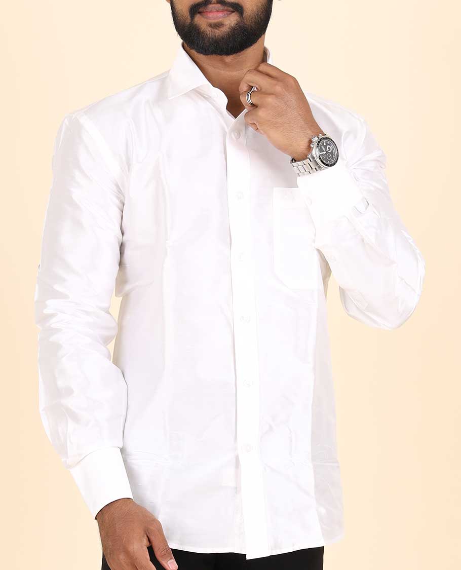 Pearl white plain design full-sleeve pure-silk shirt