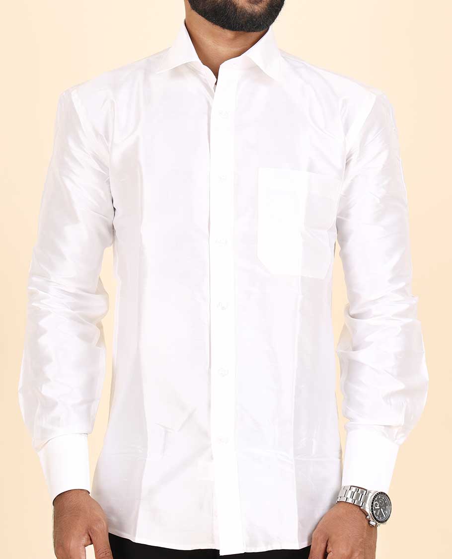 White plain design full-sleeve pure-silk shirt