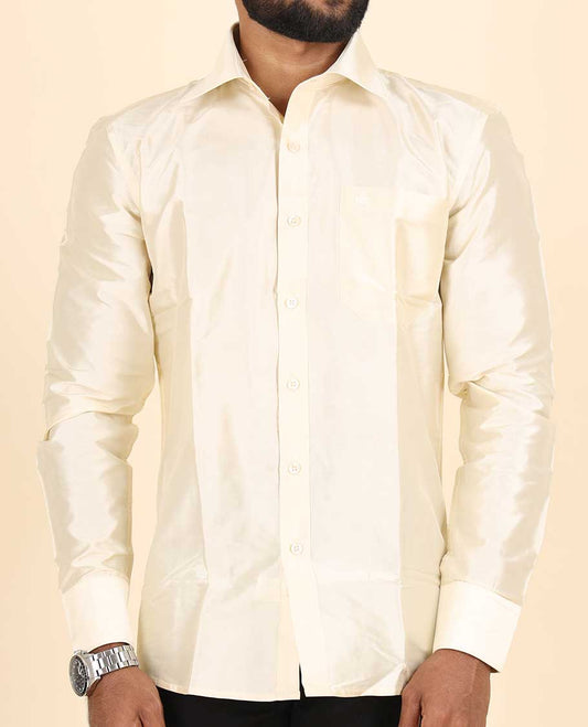 Butter cream plain design full-sleeve pure-silk shirt