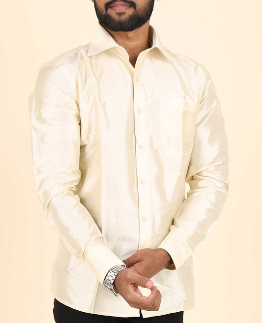 Butter cream plain design full-sleeve pure-silk shirt