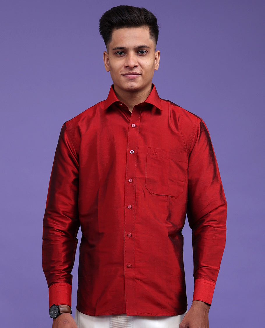Maroon plain design full-sleeve pure-silk shirt