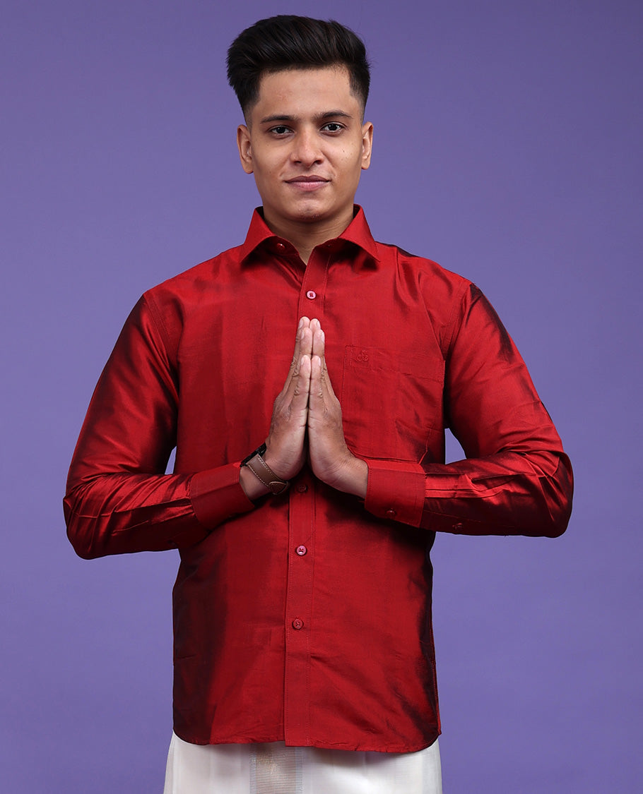 Maroon plain design full-sleeve pure-silk shirt