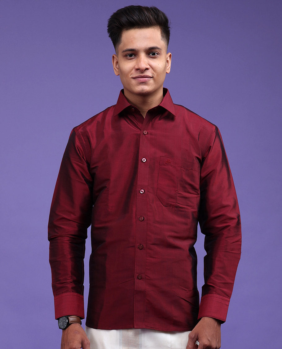 Red plain design full-sleeve pure-silk shirt
