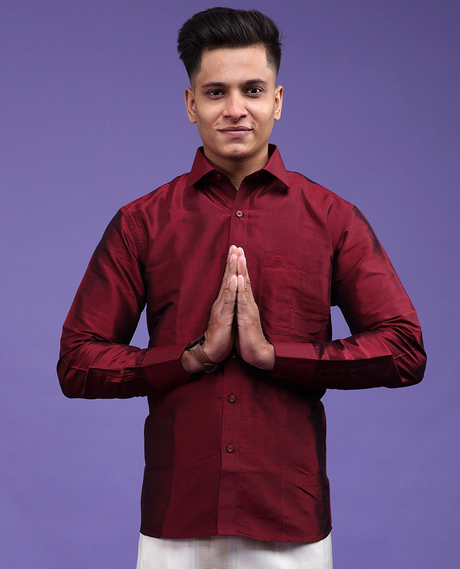 Red plain design full-sleeve pure-silk shirt