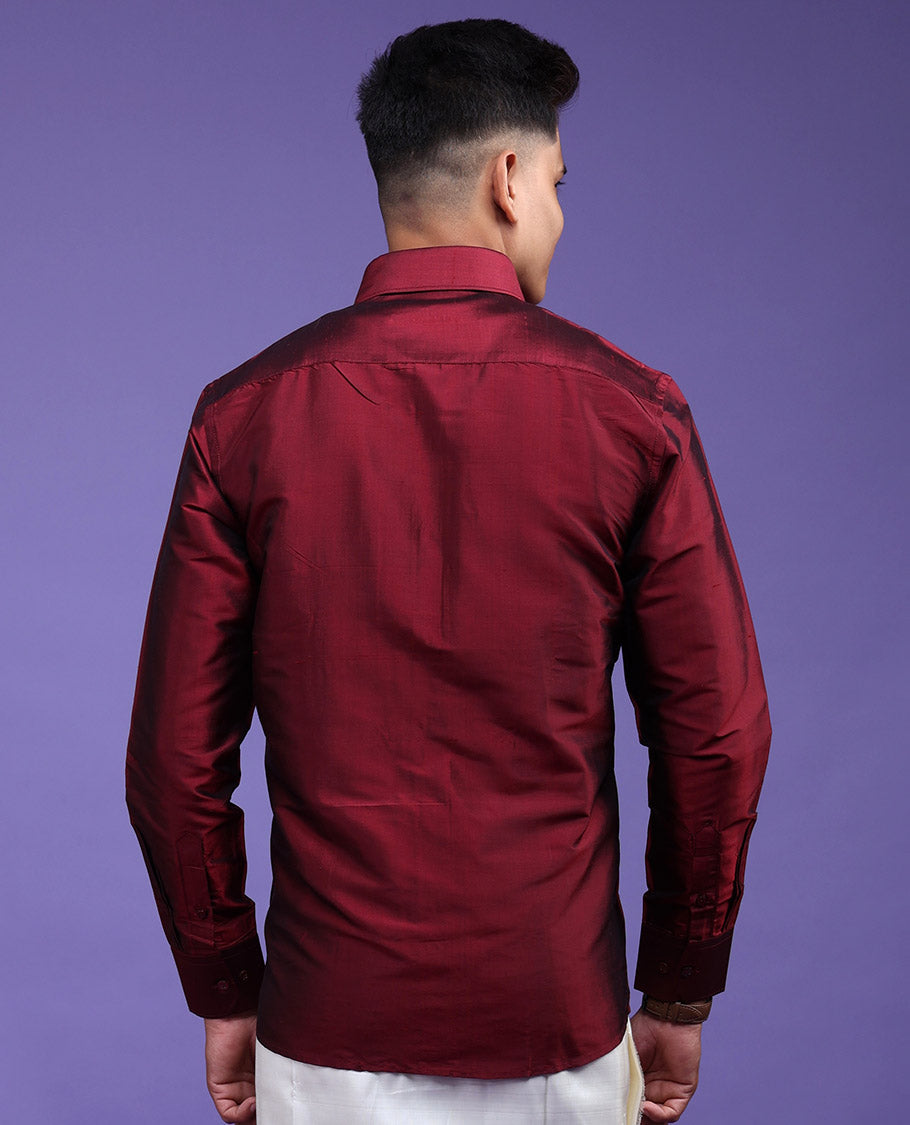 Red plain design full-sleeve pure-silk shirt