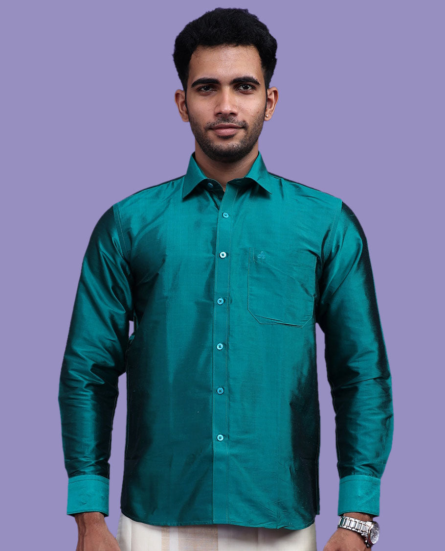 Dark green plain design full-sleeve pure-silk shirt