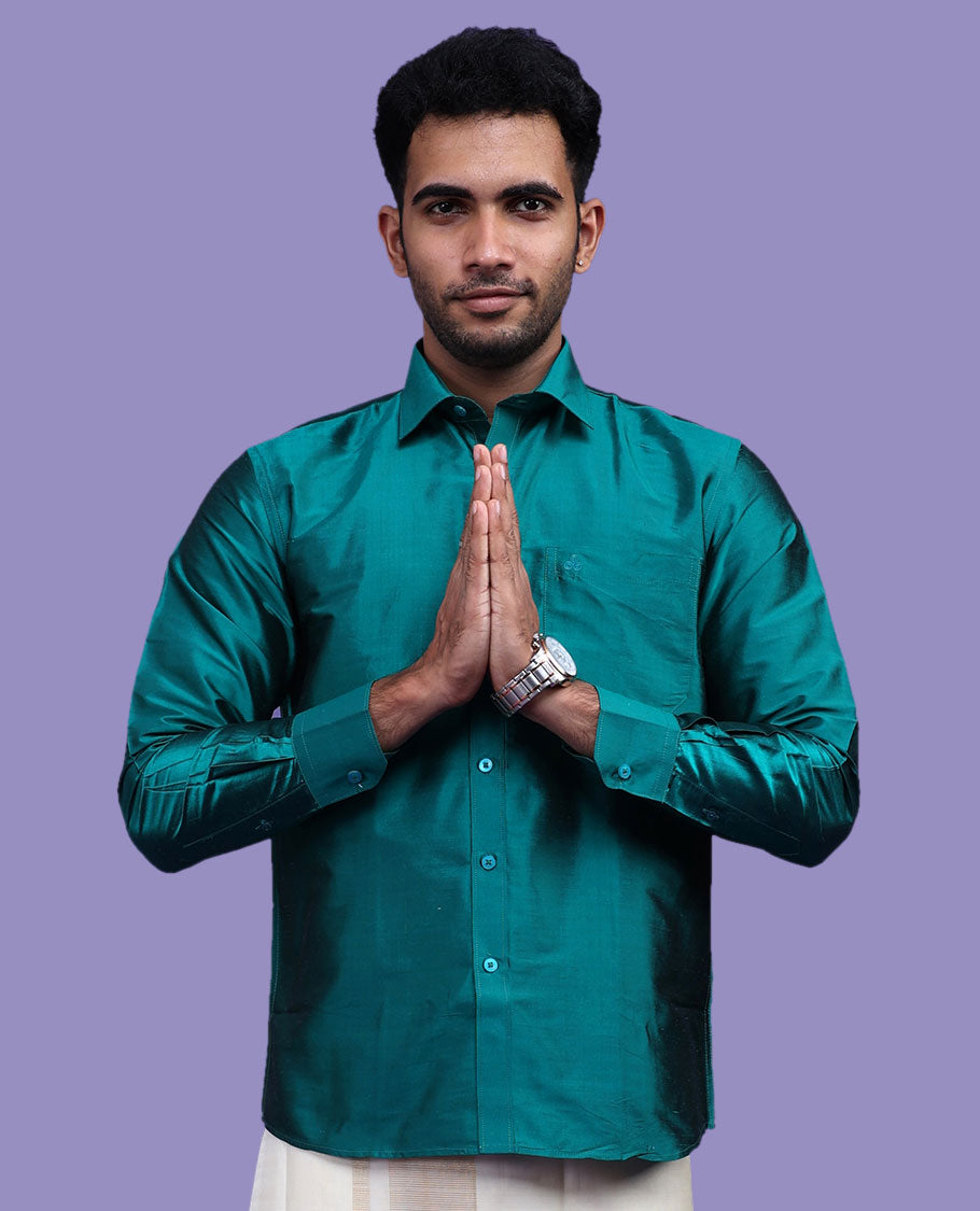Dark green plain design full-sleeve pure-silk shirt