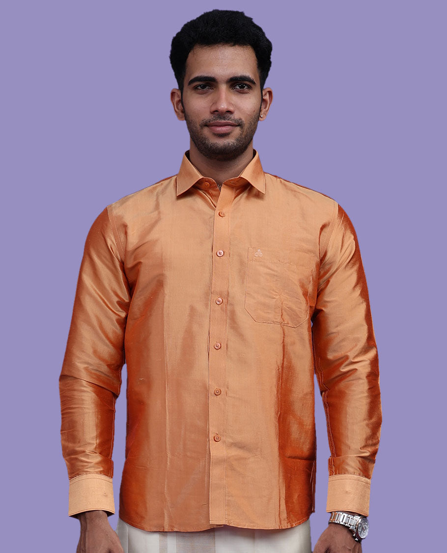 Pumpkin orange plain design full-sleeve pure-silk shirt