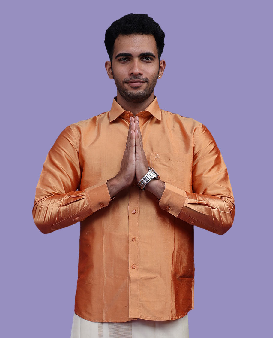 Pumpkin orange plain design full-sleeve pure-silk shirt