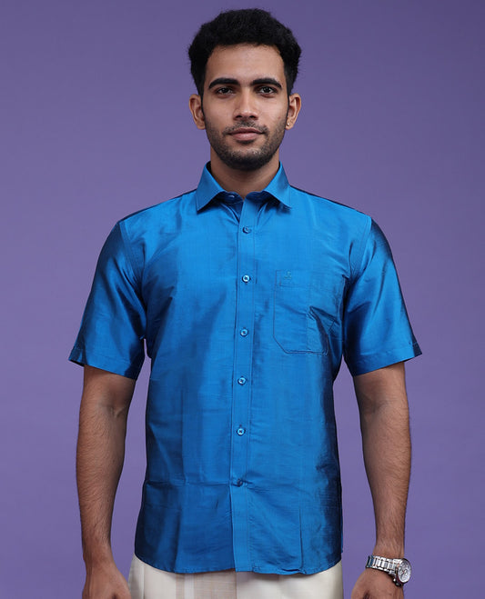 Sky blue plain design half-sleeve pure-silk shirt