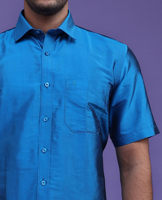 Sky blue plain design half-sleeve pure-silk shirt