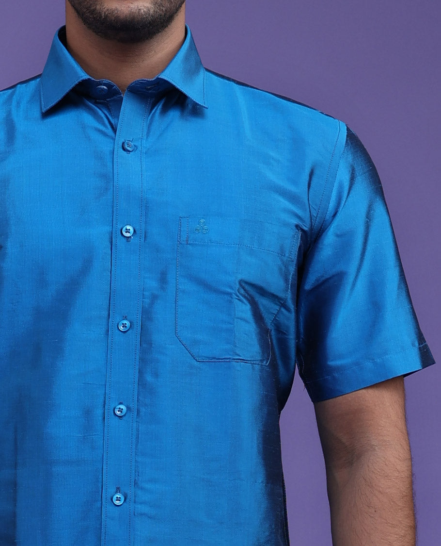 Sky blue plain design half-sleeve pure-silk shirt