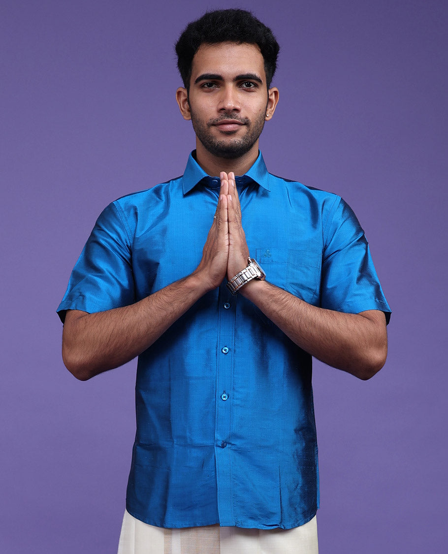 Sky blue plain design half-sleeve pure-silk shirt
