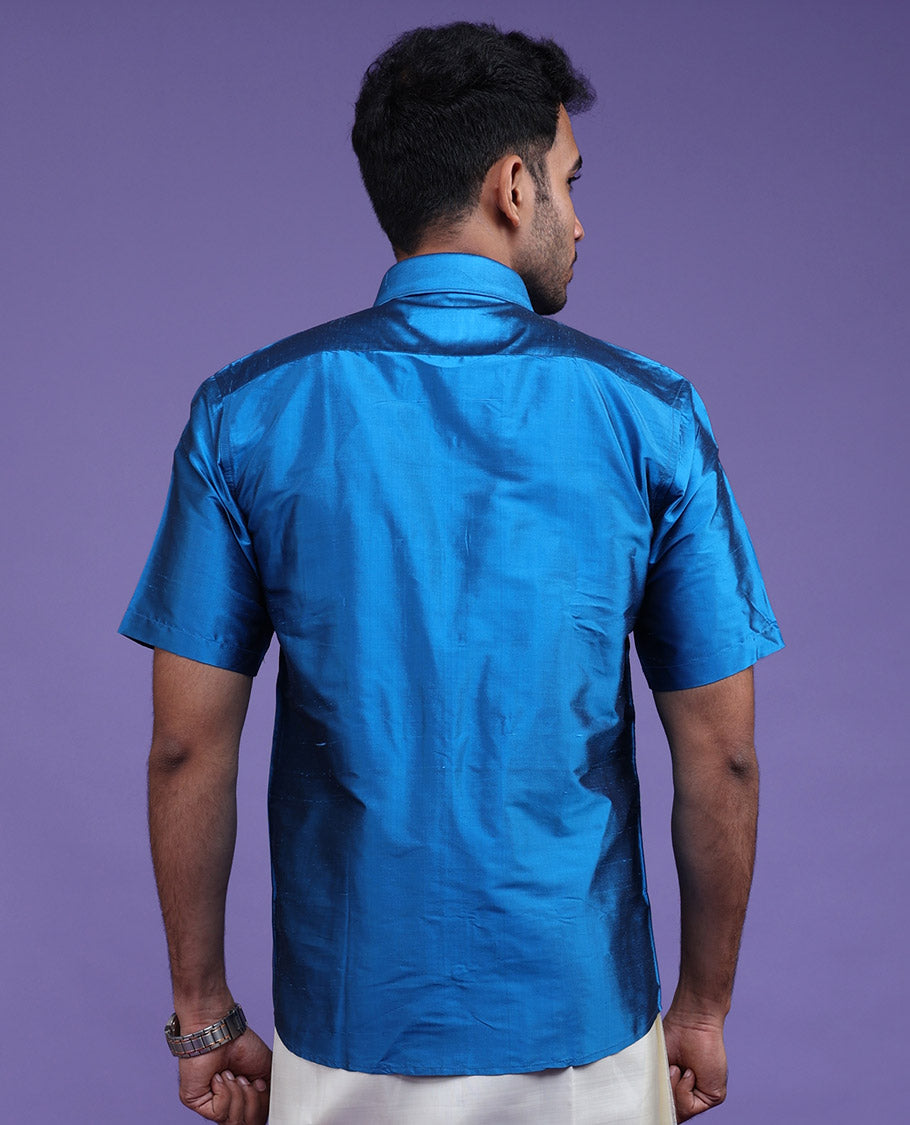 Sky blue plain design half-sleeve pure-silk shirt