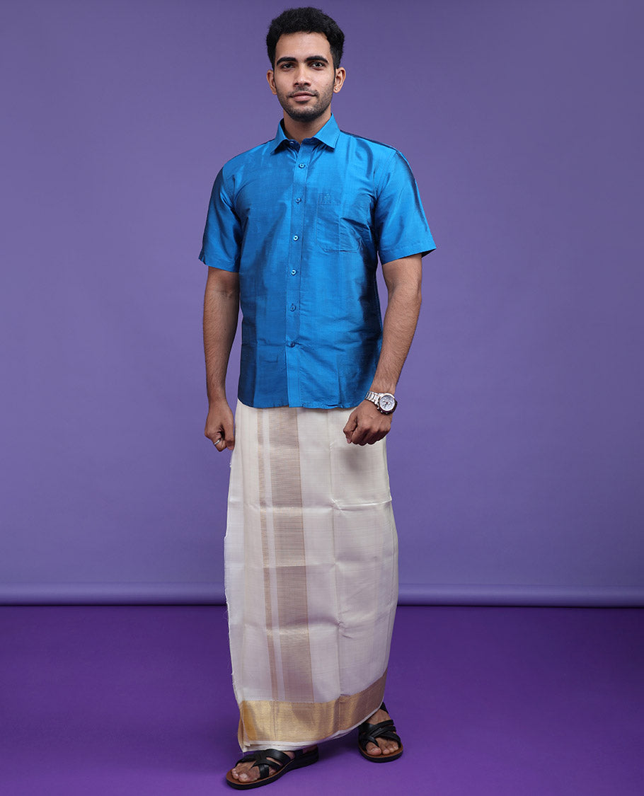 Sky blue plain design half-sleeve pure-silk shirt
