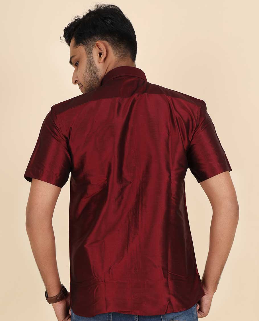 Maroon plain design half-sleeve pure-silk shirt