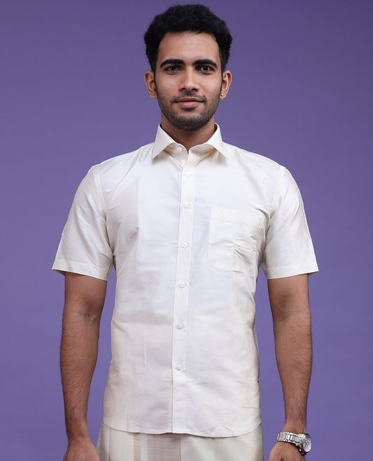 Cream plain design half-sleeve pure-silk shirt
