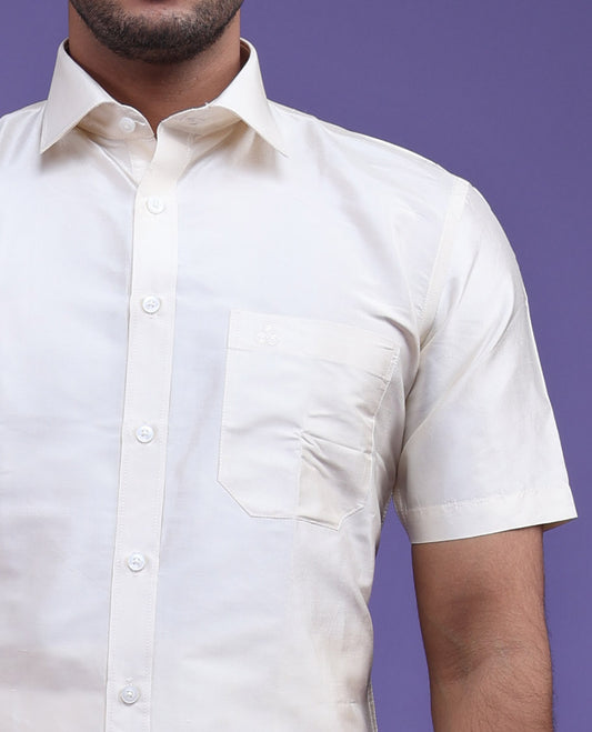 Cream plain design half-sleeve pure-silk shirt