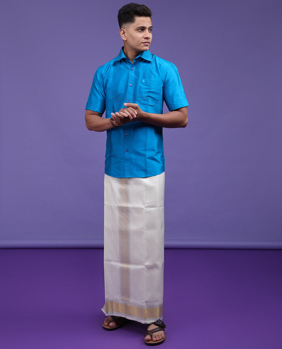 Light blue color plain design half-sleeve pure-silk shirt