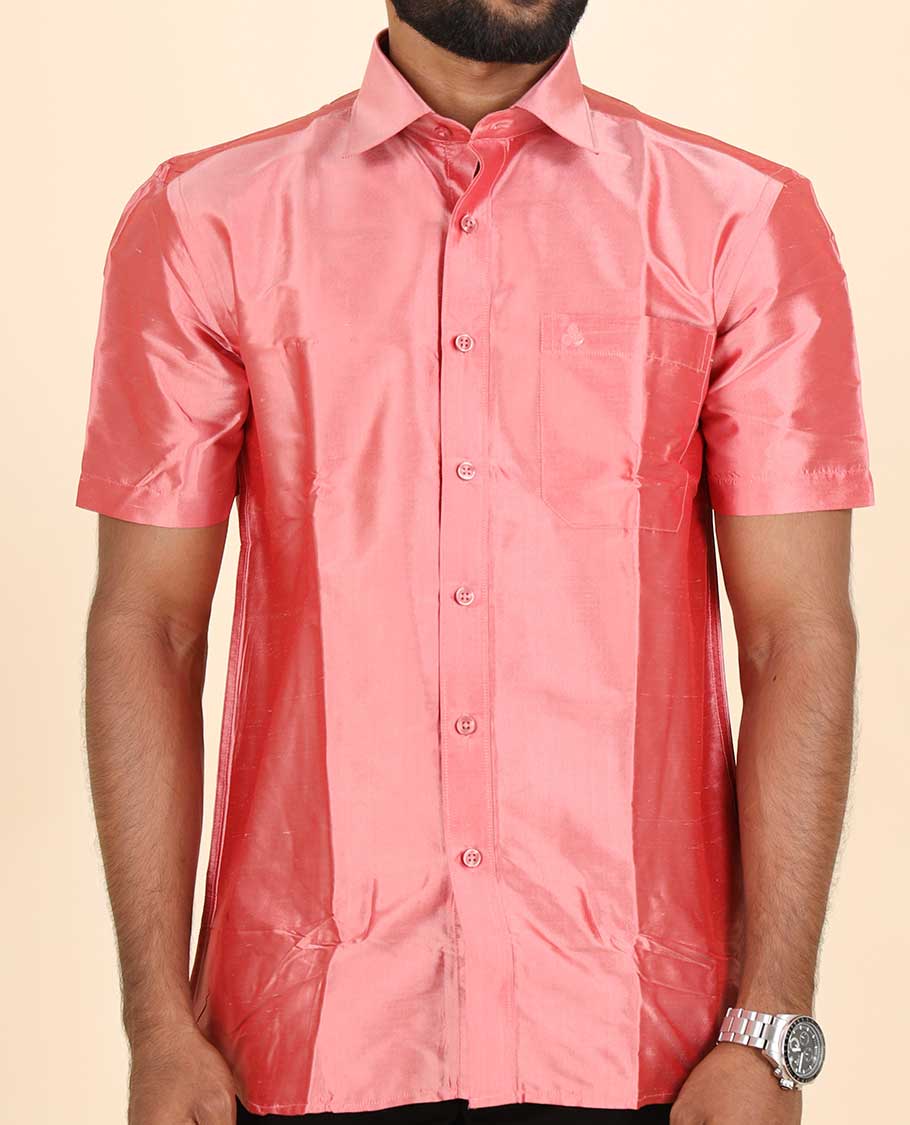 Watermelon pink pure-silk plain design short-sleeve shirt