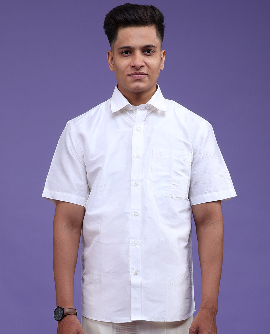 Pearl white plain design half-sleeve pure-silk shirt