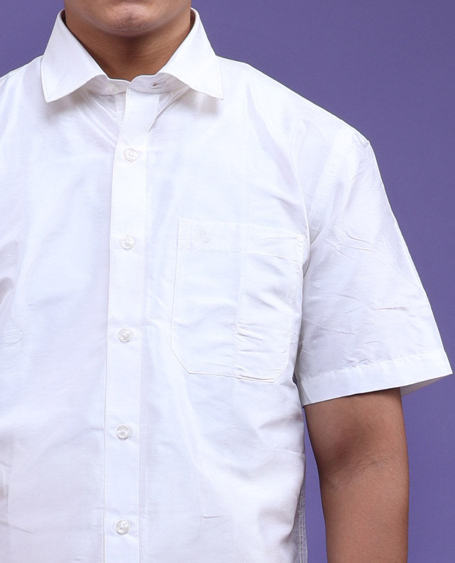 Pearl white plain design half-sleeve pure-silk shirt