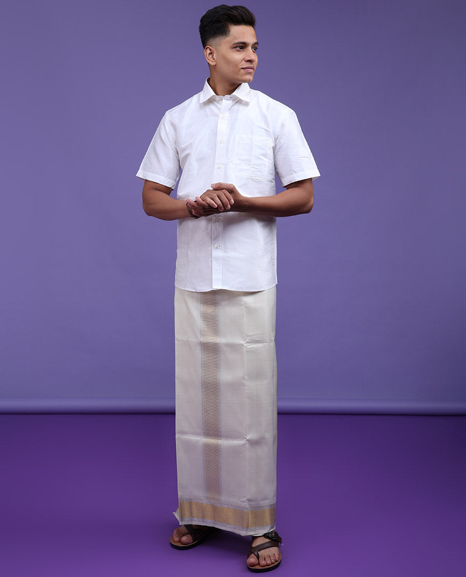Pearl white plain design half-sleeve pure-silk shirt