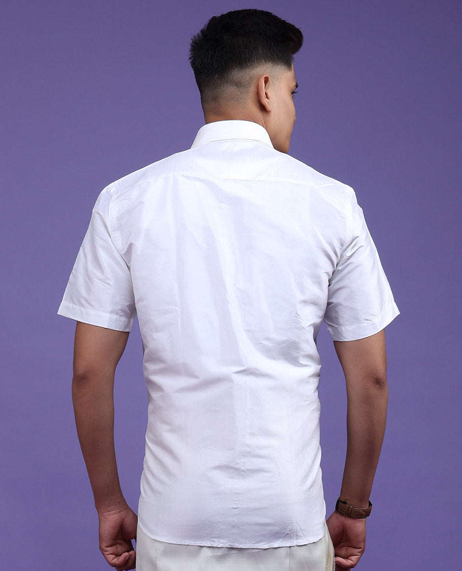 Pearl white plain design half-sleeve pure-silk shirt