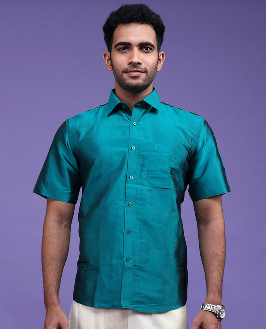Peacock green plain design half-sleeve pure-silk shirt
